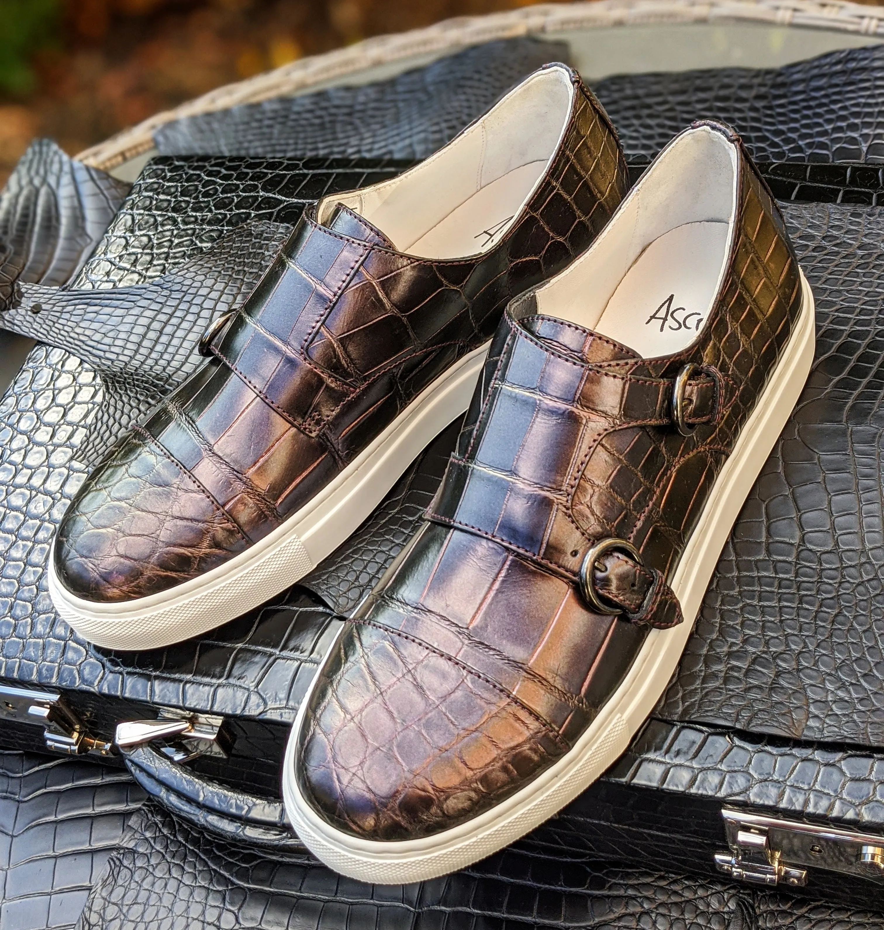 Ascot Double Monk Sneakers - Black Alligator