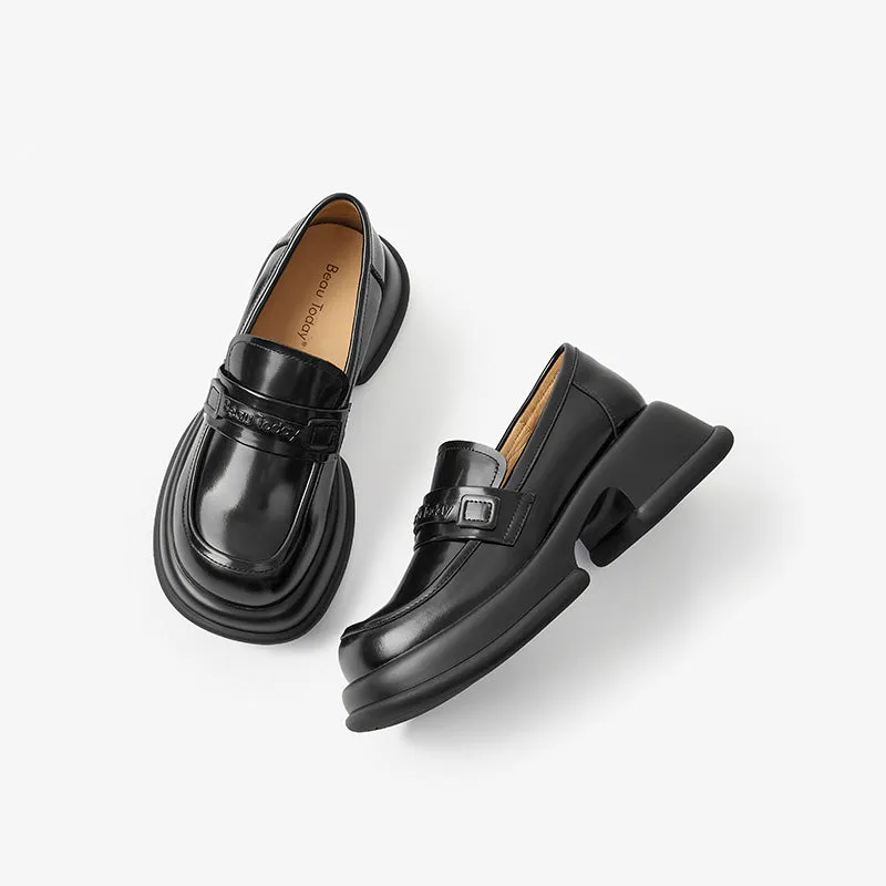 BeauToday Leather Loafers for Women with Brand Logo Strap