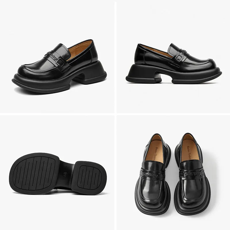 BeauToday Leather Loafers for Women with Brand Logo Strap