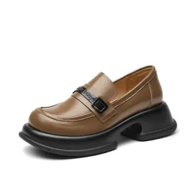 BeauToday Leather Loafers for Women with Brand Logo Strap