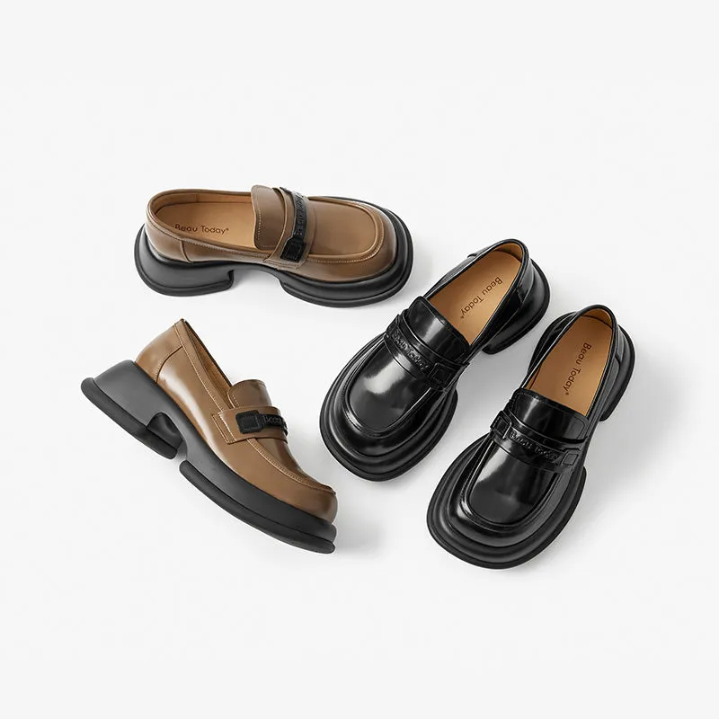 BeauToday Leather Loafers for Women with Brand Logo Strap