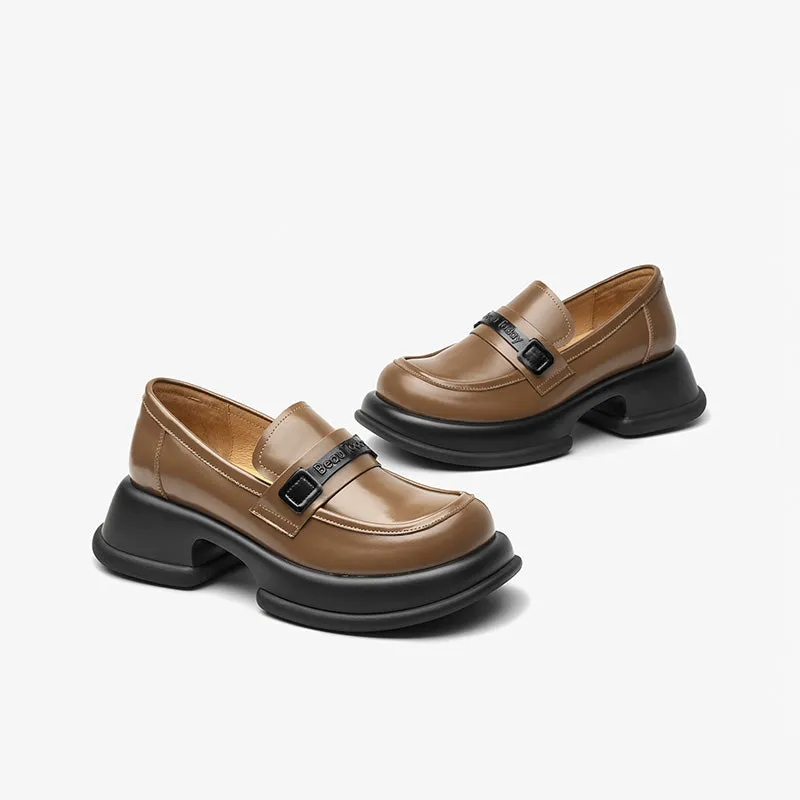 BeauToday Leather Loafers for Women with Brand Logo Strap