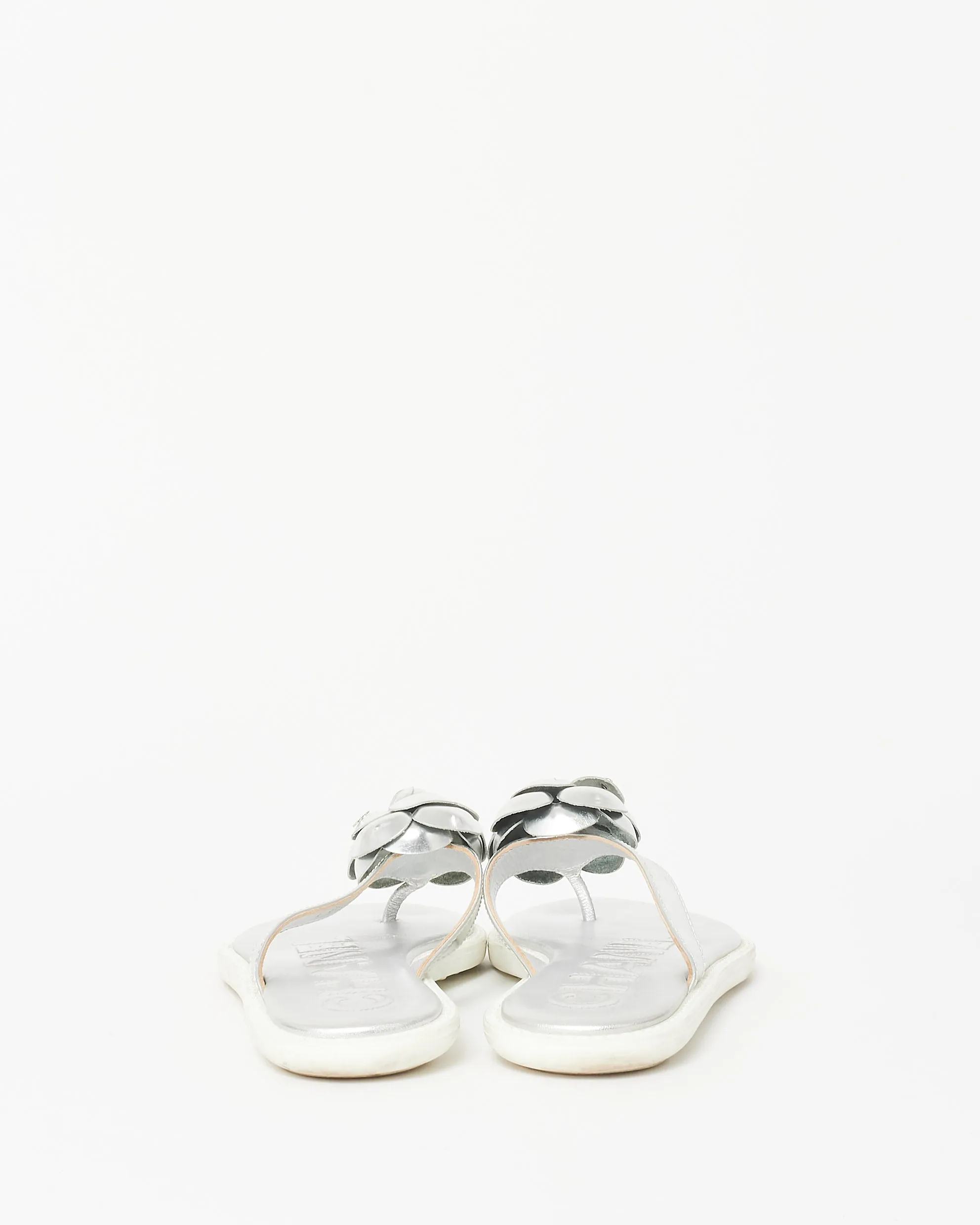 Chanel Silver Leather Camelia Flip Flops - 37