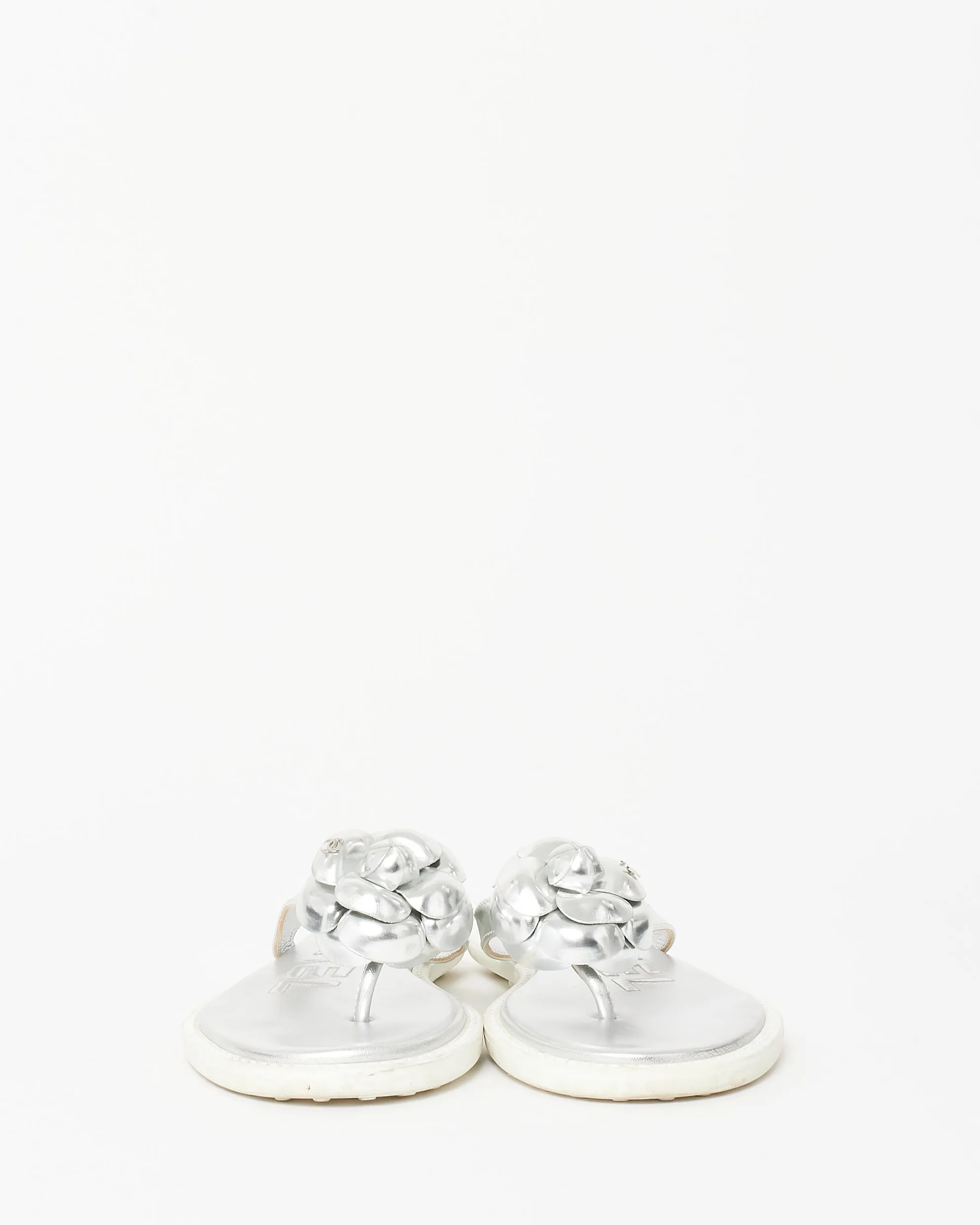 Chanel Silver Leather Camelia Flip Flops - 37