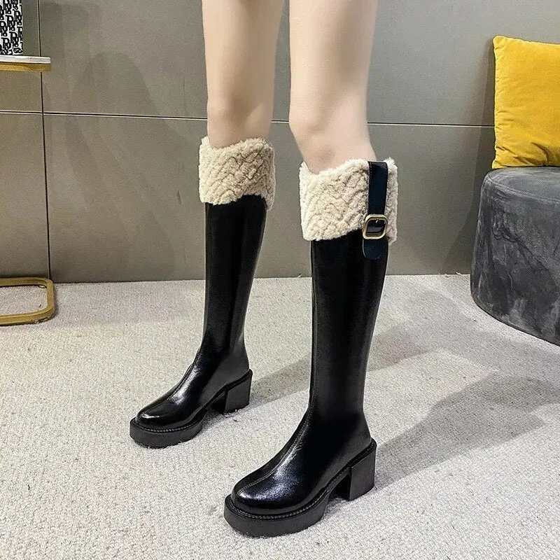 Women’s Knee-High Chelsea Boots | Warm Fur Zipper Platform Boots with Plush Edge, New Botas Mujer