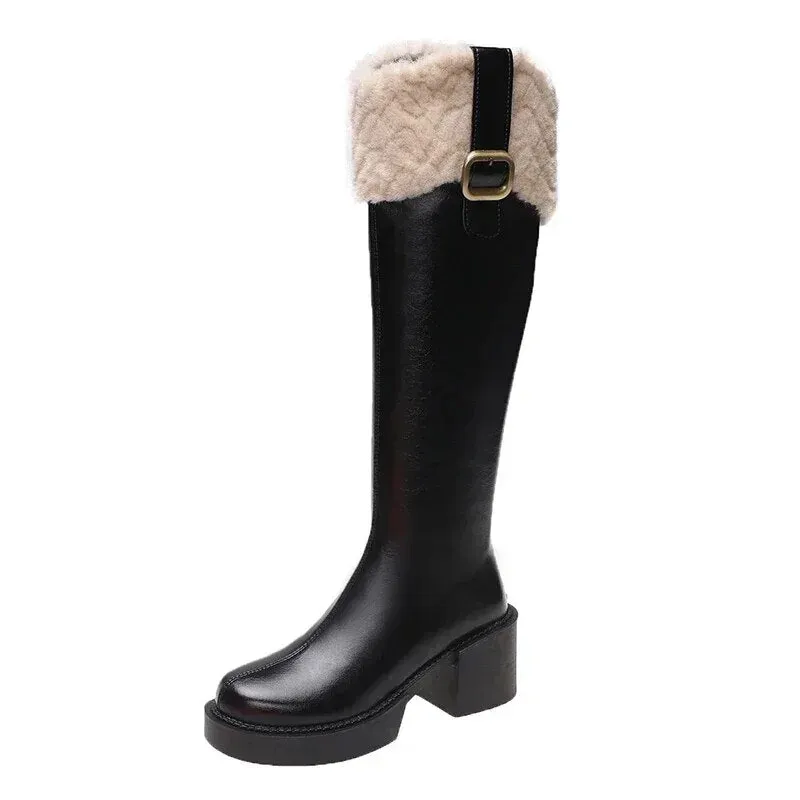 Women’s Knee-High Chelsea Boots | Warm Fur Zipper Platform Boots with Plush Edge, New Botas Mujer