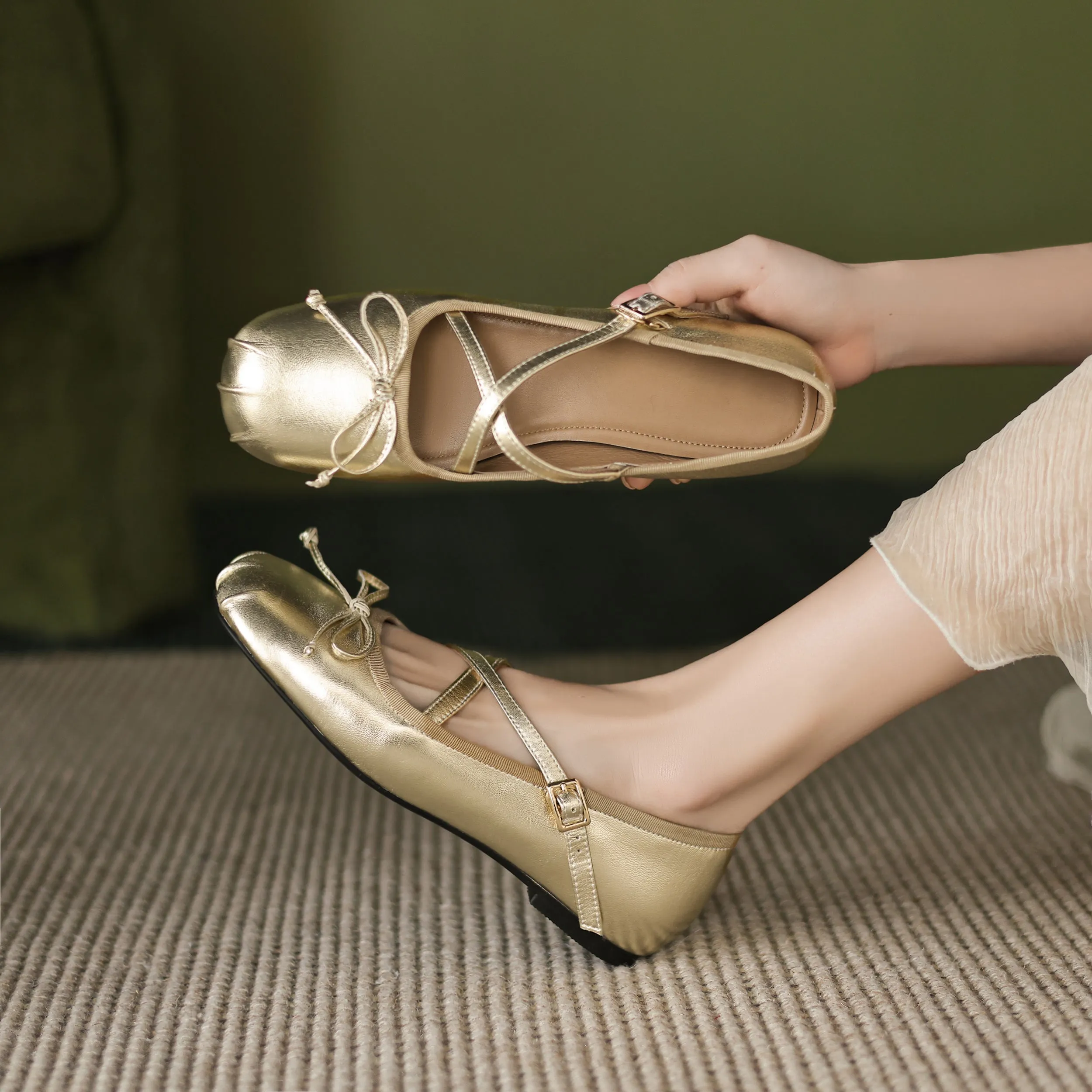 Women's Sheepskin Leather Ballet Flat Cross Strap Bow Shoes