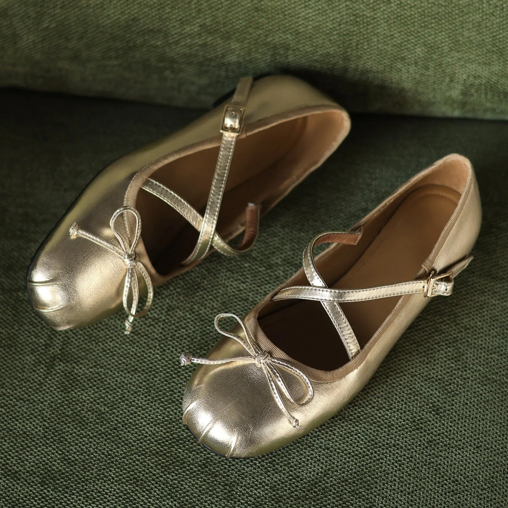 Women's Sheepskin Leather Ballet Flat Cross Strap Bow Shoes