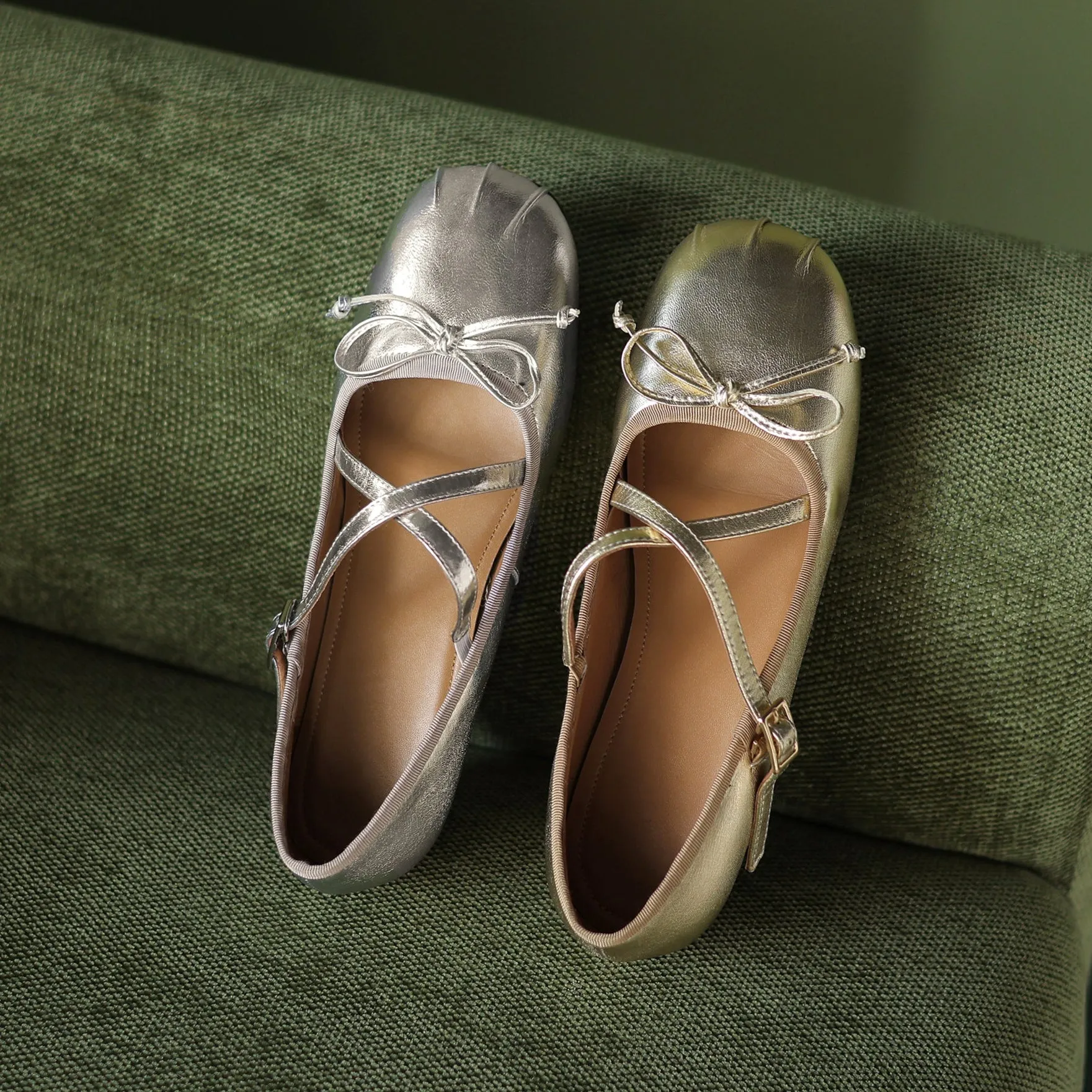 Women's Sheepskin Leather Ballet Flat Cross Strap Bow Shoes