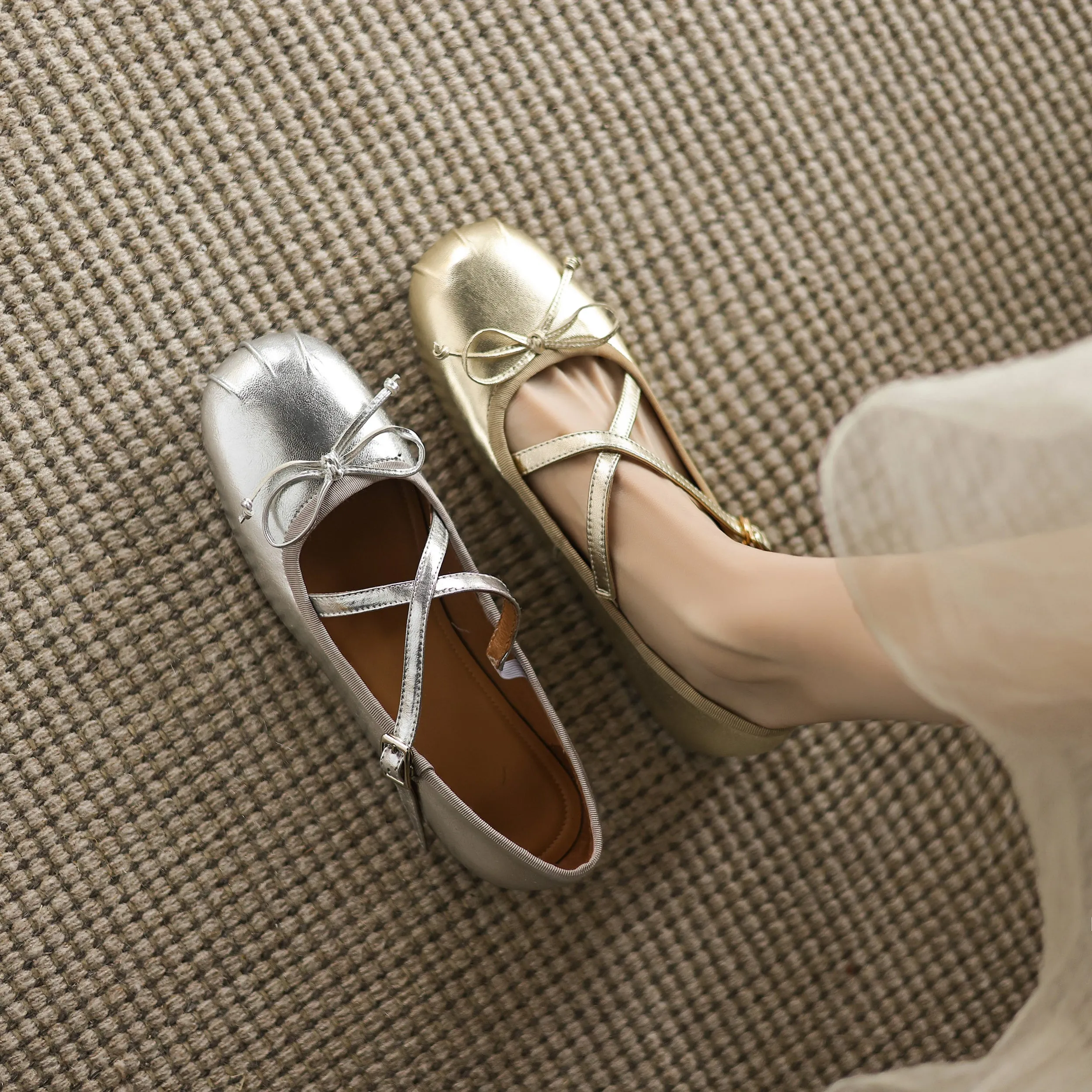 Women's Sheepskin Leather Ballet Flat Cross Strap Bow Shoes
